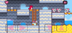 The pirate on the ground at the base of a ladder in the iOS version, where the shovel button is replaced with the down arrow.